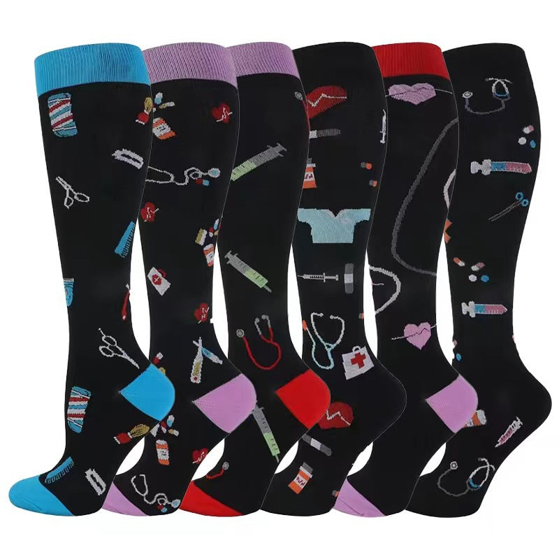 Combination Pattern Long Tube Sports Compression Stockings 6 Pairs