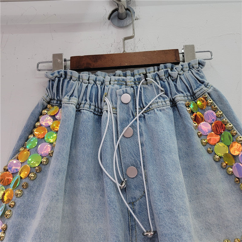 Handmade Studded Colored Diamond High Waisted Shorts