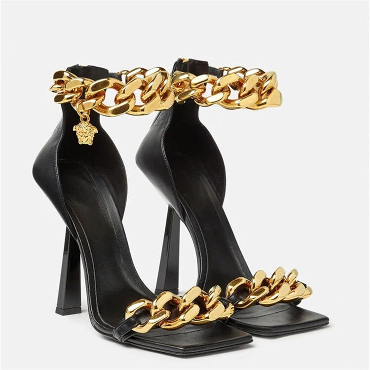 One Word Strap High Heel Sandals With Chain Square Toe