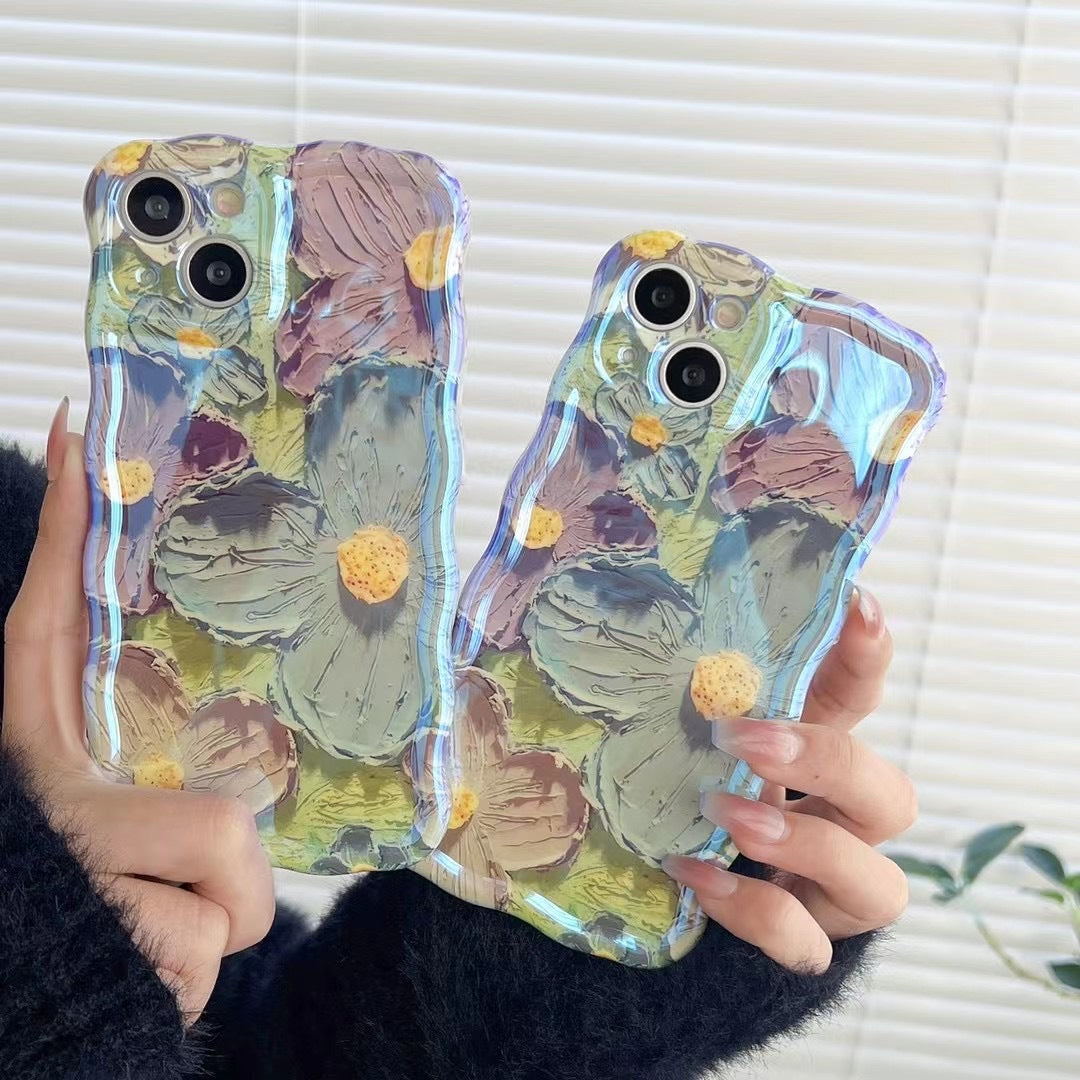Retro Oil Painting Phone Case Blu-ray Flowers Shockproof Case For13 12 13pro 14pro 13 Pro Max Silicone Phone Cover