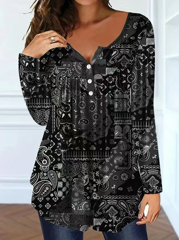 Paisley Mønster Elegant Løs Knap V-hals Top Dame T-shirt