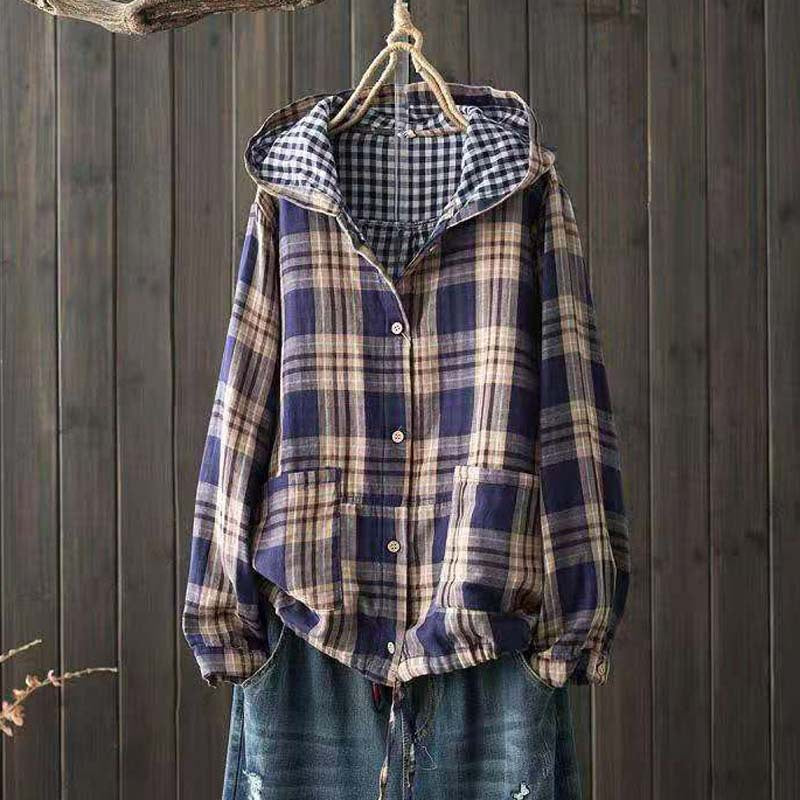 New Korean-style Oversized Artistic Retro Casual Plaid Cotton-linen Double-layer Shirt With A Hood