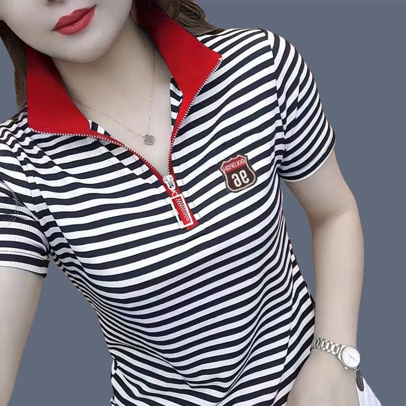 Letter Embroidery Stand-up Collar Short-sleeved T-shirt Shoulder