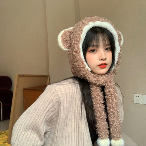 Cute All-match Women's New Warm Bear Hat And Scarf All In One