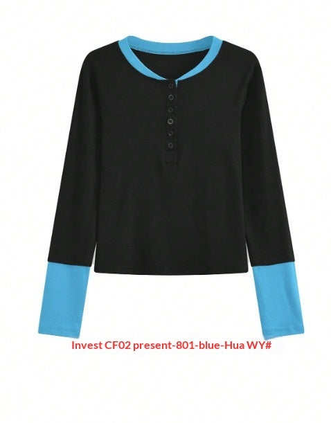 Retro Color-blocked Fake Two-piece Long-sleeve T-shirt Inner Wear