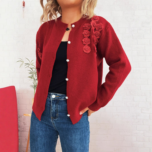 Knitted Button Three-dimensional Flower Decorative Knitted Sweater