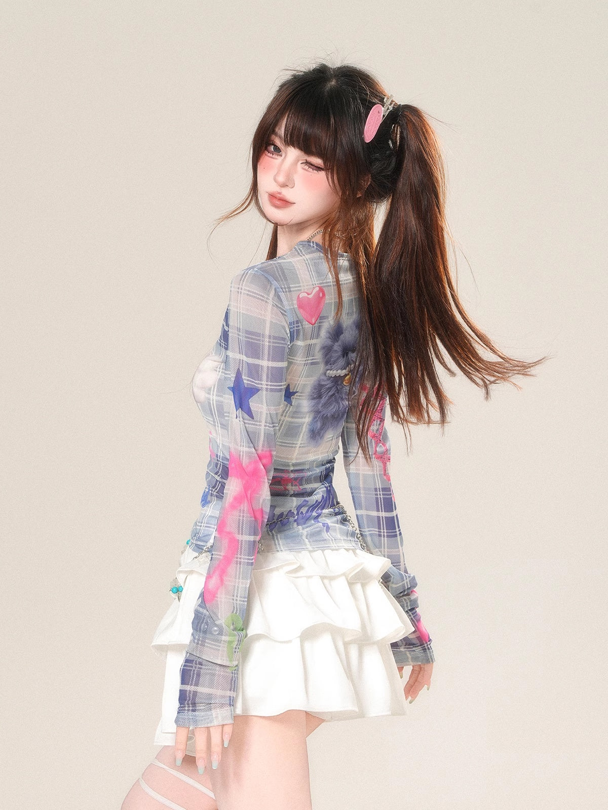 Shoulder Long Sleeve Micro-transparent Plaid T-shirt