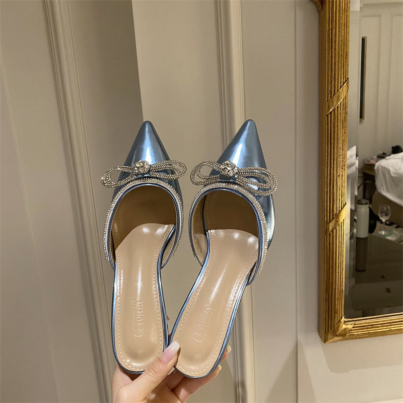 Rhinestone Bow Pointed Toe Half Slippers Women's