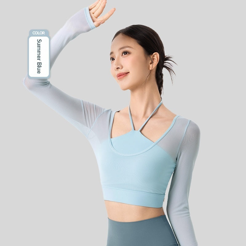 Fake Two-Piece Mesh Long-Sleeve Yoga Top With Built-In Sports Bra