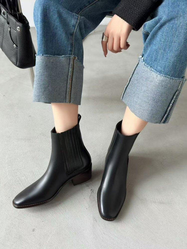 Mid-heel Chunky-heel Retro Square-toe Matte Leather Womens Boots