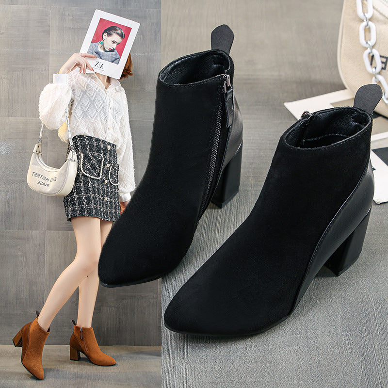 Women's Plus Size New High-heeled Pointed Thick-heeled Martin Boots