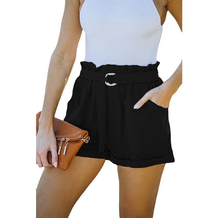Lace-up Pocket Solid Color High-waist Casual Shorts Women