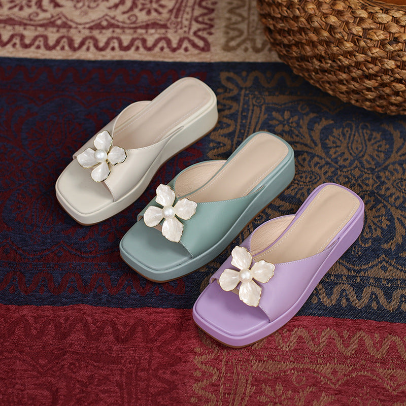 Summer Square Toe Mid-heel Sandals Thick-soled Three-dimensional Flower Women's Shoes