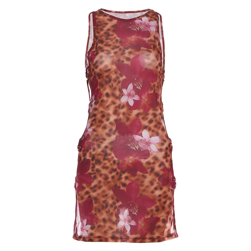 Vacation Print Side-Hollowed Sheer Dress
