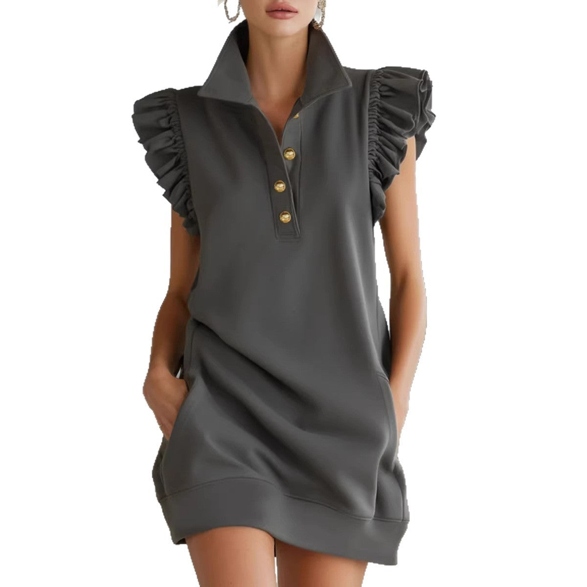 Womens V-neck Dress With Lotus-leaf Sleeves