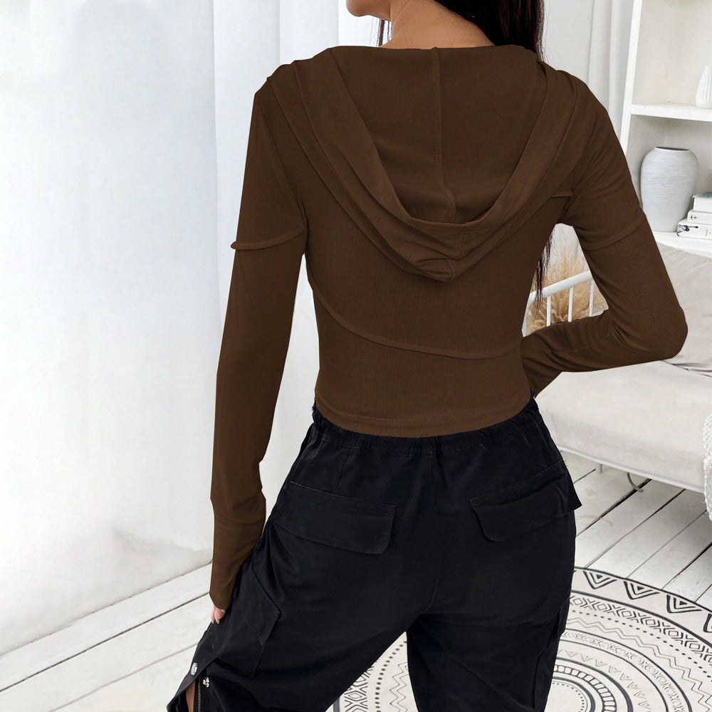 Street Trend V-neck Hoodie Women's Slim-fit Autumn Winter Base Layer Top