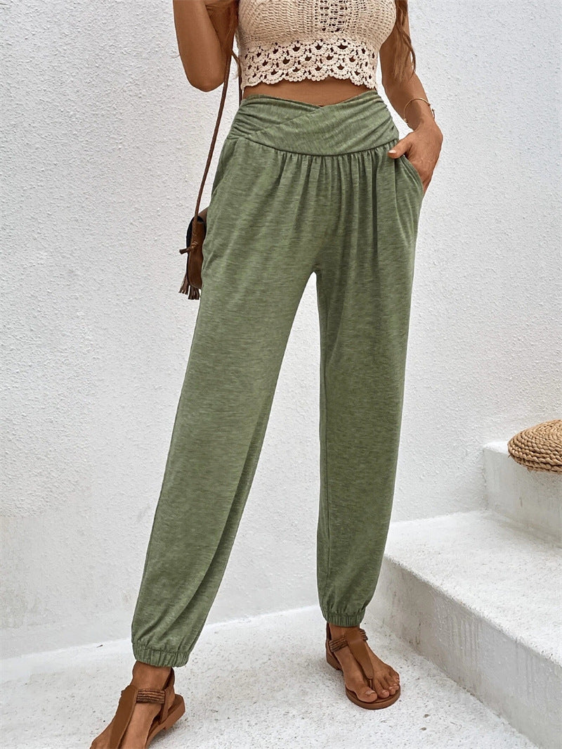 Casual Loose Pocket High Waist Ankle-tied Trousers For Women