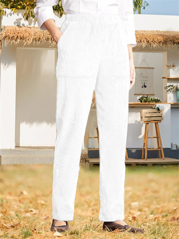 Women's Pure Color Elastic Waist Striped Straight Casual Pants
