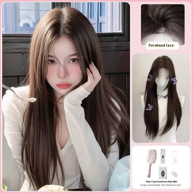 Breathable Mid-length Black Long Straight Forehead Lace Wig