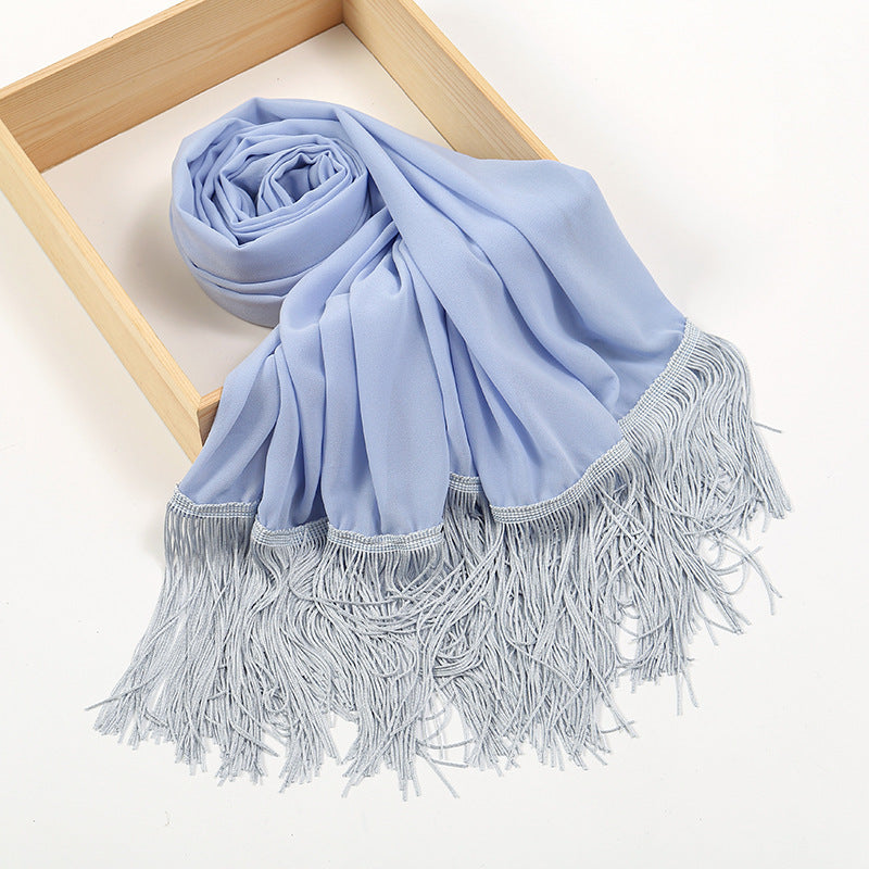 Pearl Chiffon Bubble Towel Long Fringe Decorative Scarf
