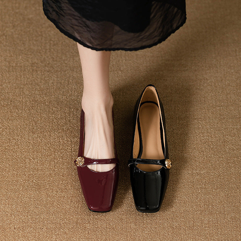 French Low Heel Camellia Women's All-matching Thick Heel Shoes