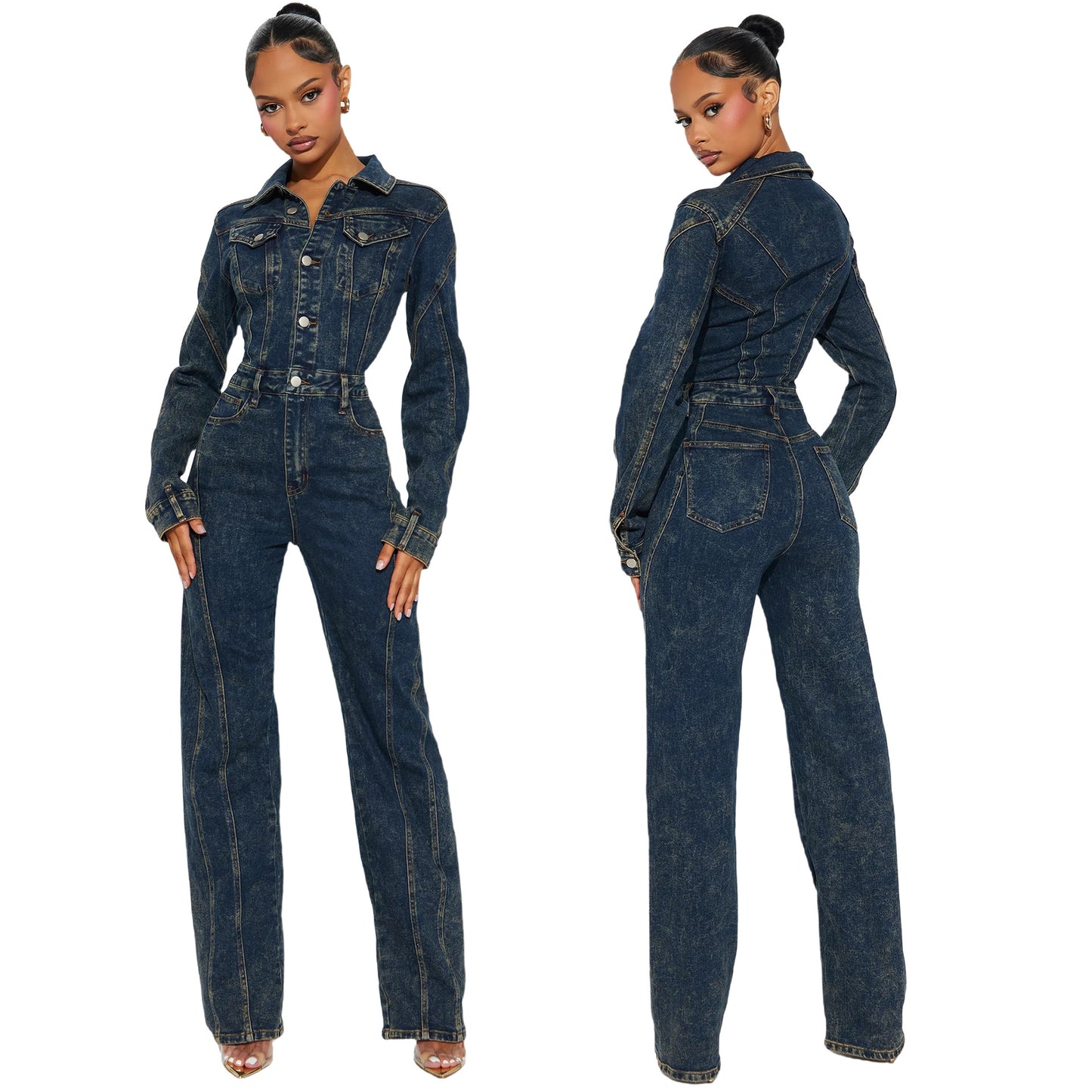 Washed Long-sleeve Patchwork Denim Jumpsuit