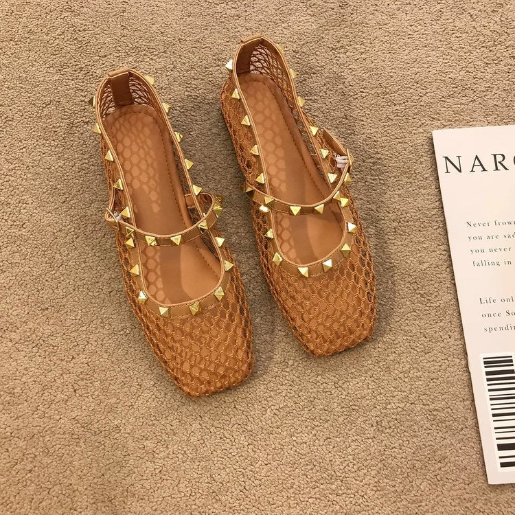 French Style Hollow-out Nude Apricot Temperament Sandals For Women, New 2026 Summer Gentle Rivet Fairy Mary Jane Mesh Sandals