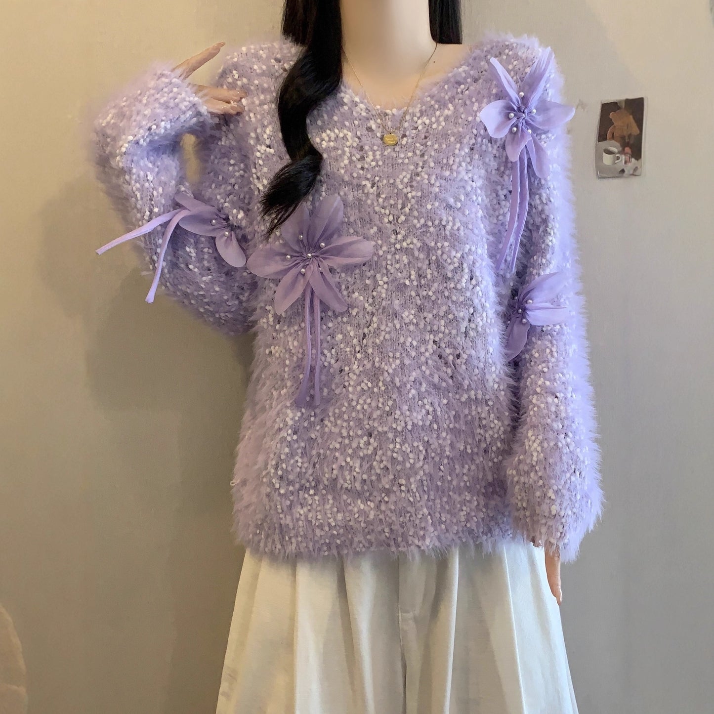 Autumn And Winter Plush Knitted Sweater For Women Sweet 3D Flower Decoration Loose Fit