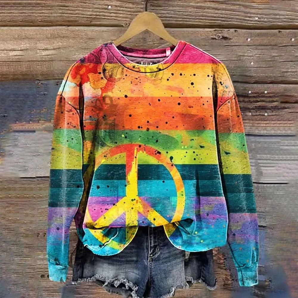 Dame sweater med tryk og lav skuldersøm