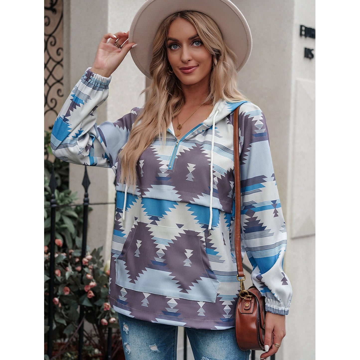 Women's Fashion Print Hooded Sweater Jacket