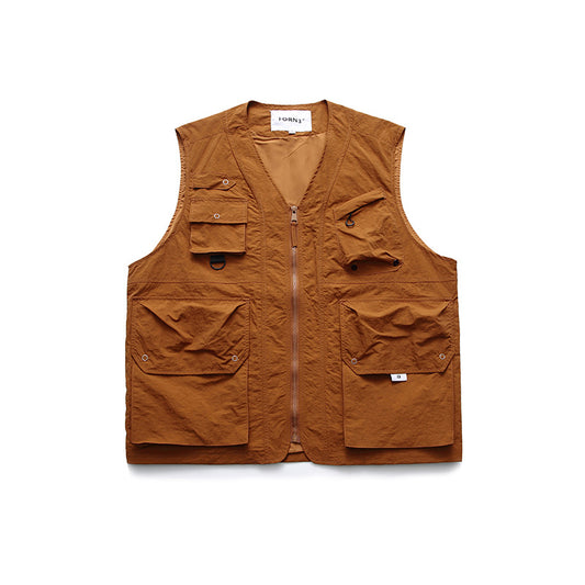 Solid Color Multi-pocket Collarless Frock Vest