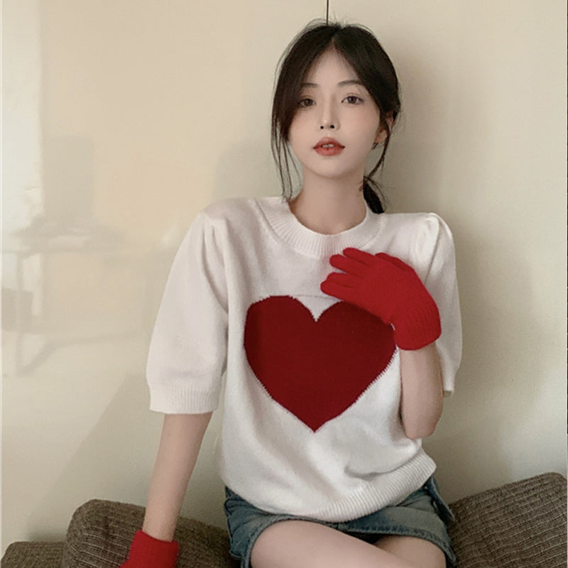 Love Short Sleeve Knitted Sweater Spring Korean Style