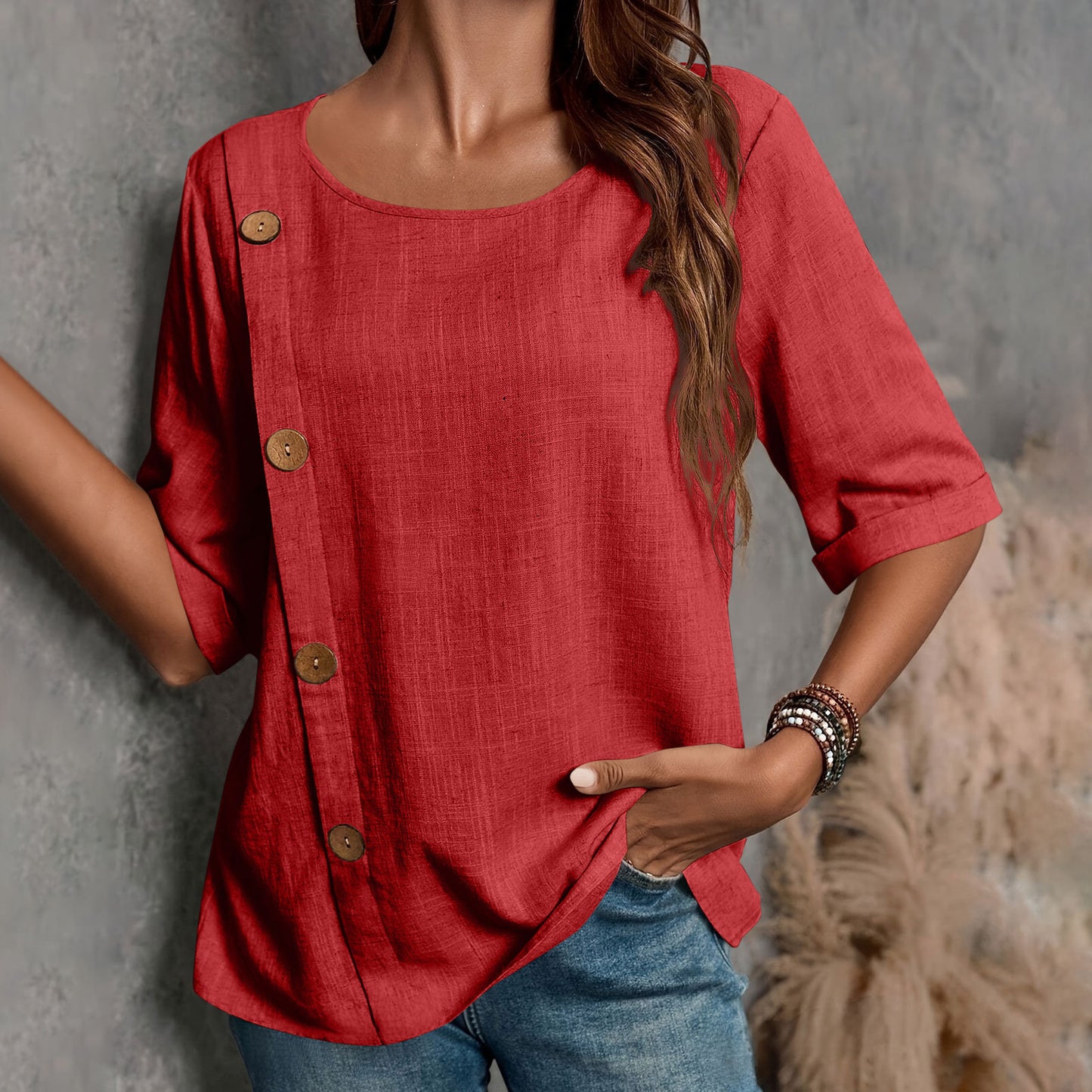 Womens Cotton-Linen Button-Up Fashion Casual Top