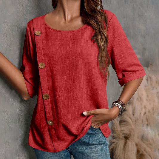 Womens Cotton-Linen Button-Up Fashion Casual Top