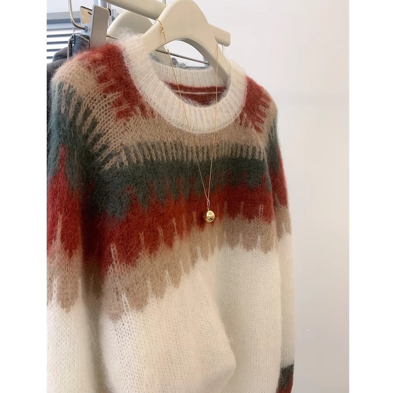 Milk Series Wear Contrast Color Jacquard Round Neck Soft Glutinous Sweater