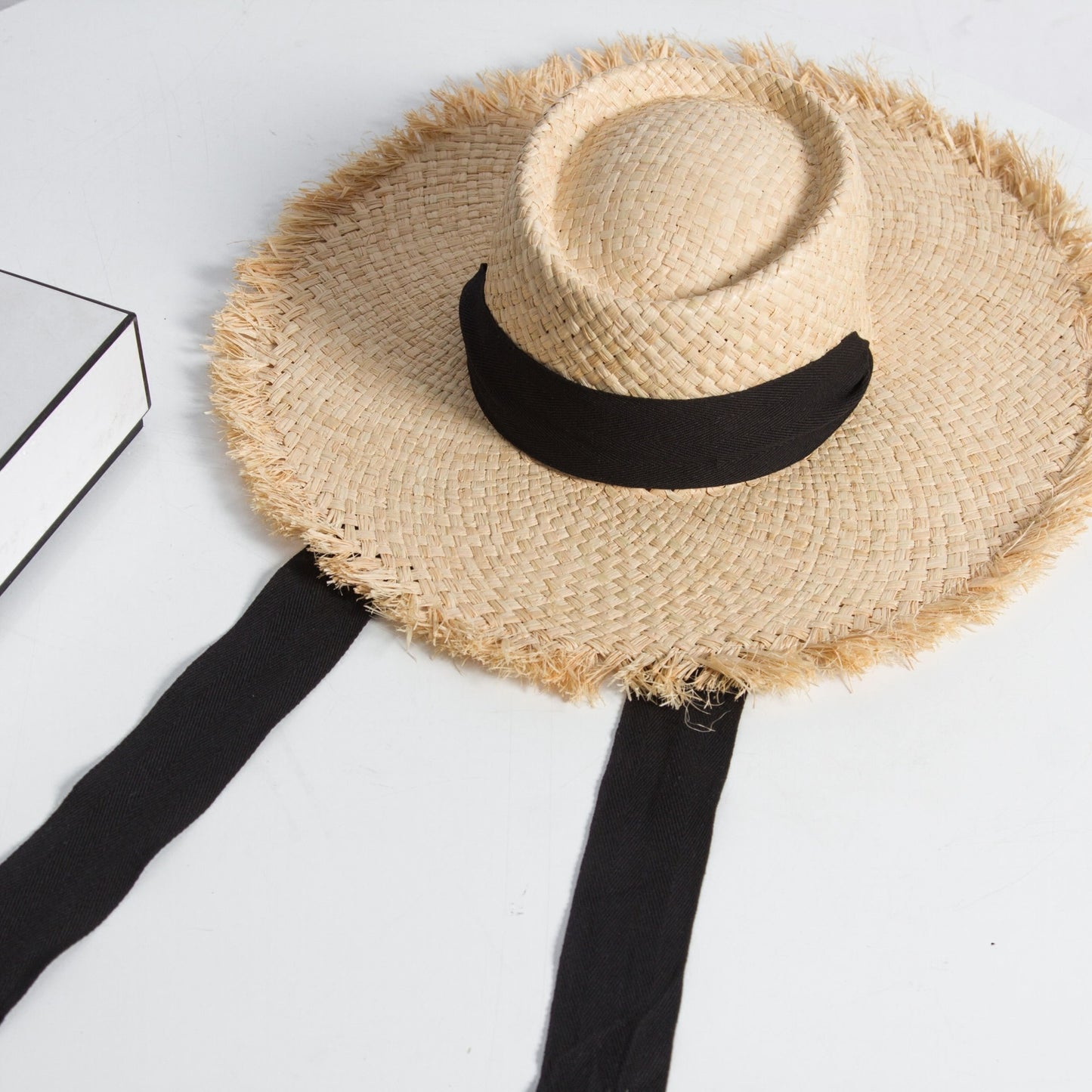 Raffia Grass Flat Top Raw Edge Binding Neck Sun Visor Hat Hand Braided Grass Hat