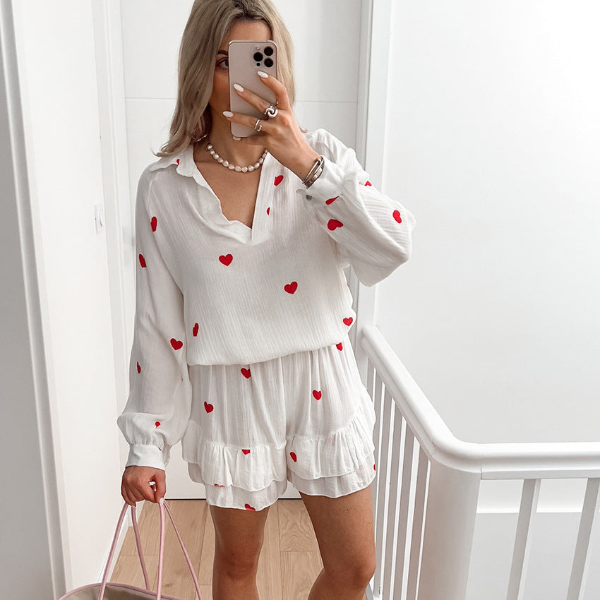 Casual Breathable Home Wear Heart-Printed Long-Sleeve Shorts Pajamas
