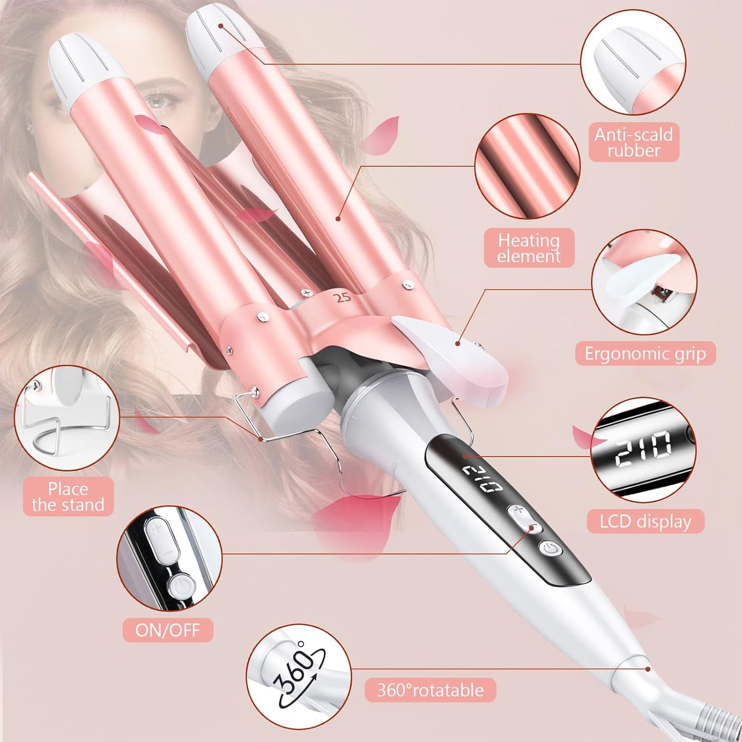 Rizador De Pelo Profesional 3 Tubo, Rizador Pelo Ondas Plancha 32Mm, Plancha Ondas Al Agua Cerámica De Pelo, Con Pantalla LCD Temperatura Ajustable, Para Peinado, Ondulado, Rizado