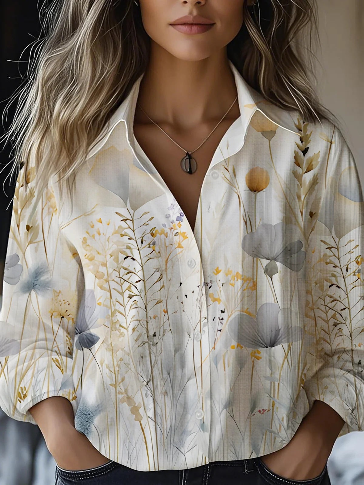 Floral-print Long-sleeve Shirt Delicate Linen Casual Blouse