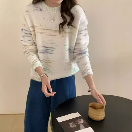 Women's Rainbow Gradient Retro Round Neck Knitted Shirt