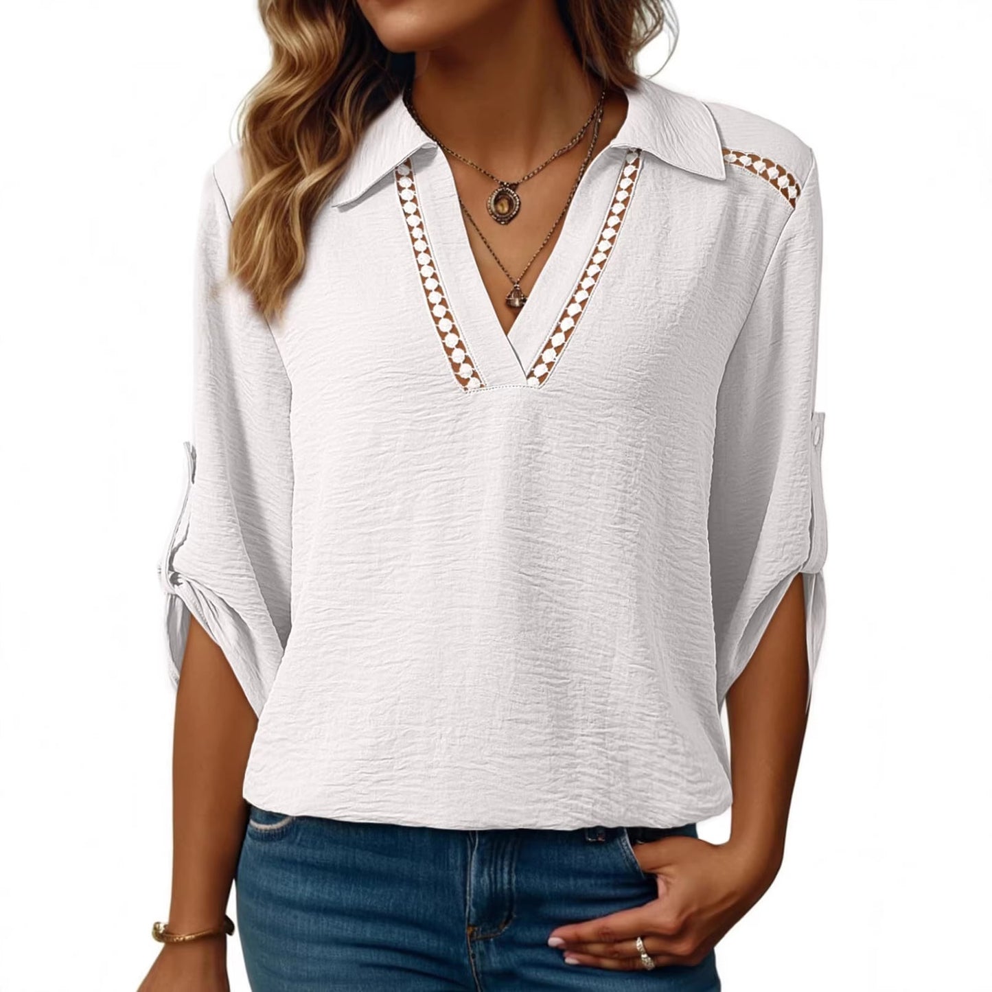 Stylish Casual Solid-color Hollow-out V-neck Versatile Top For Women