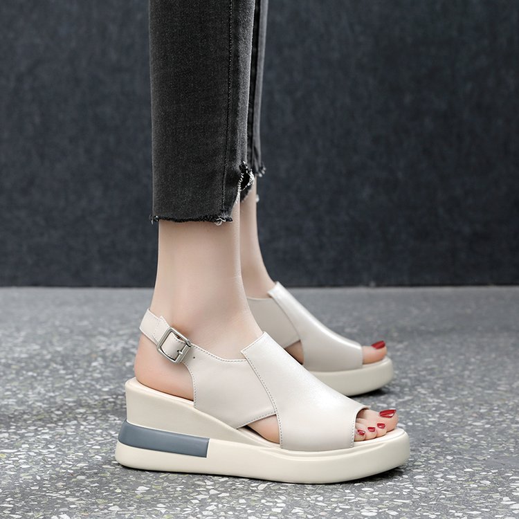 Buckle High Heel Soft Leather Soft Sole Platform Fish Mouth Sandals