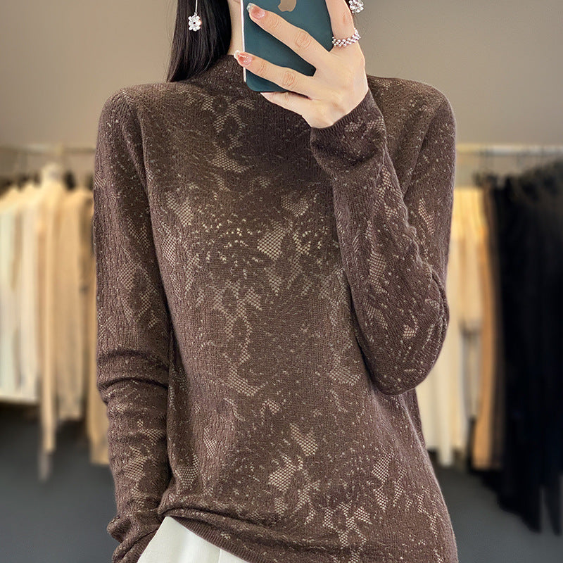 Women's Half Turtleneck Hollow Out Sweater Loose Pullover Fashionable Knitted