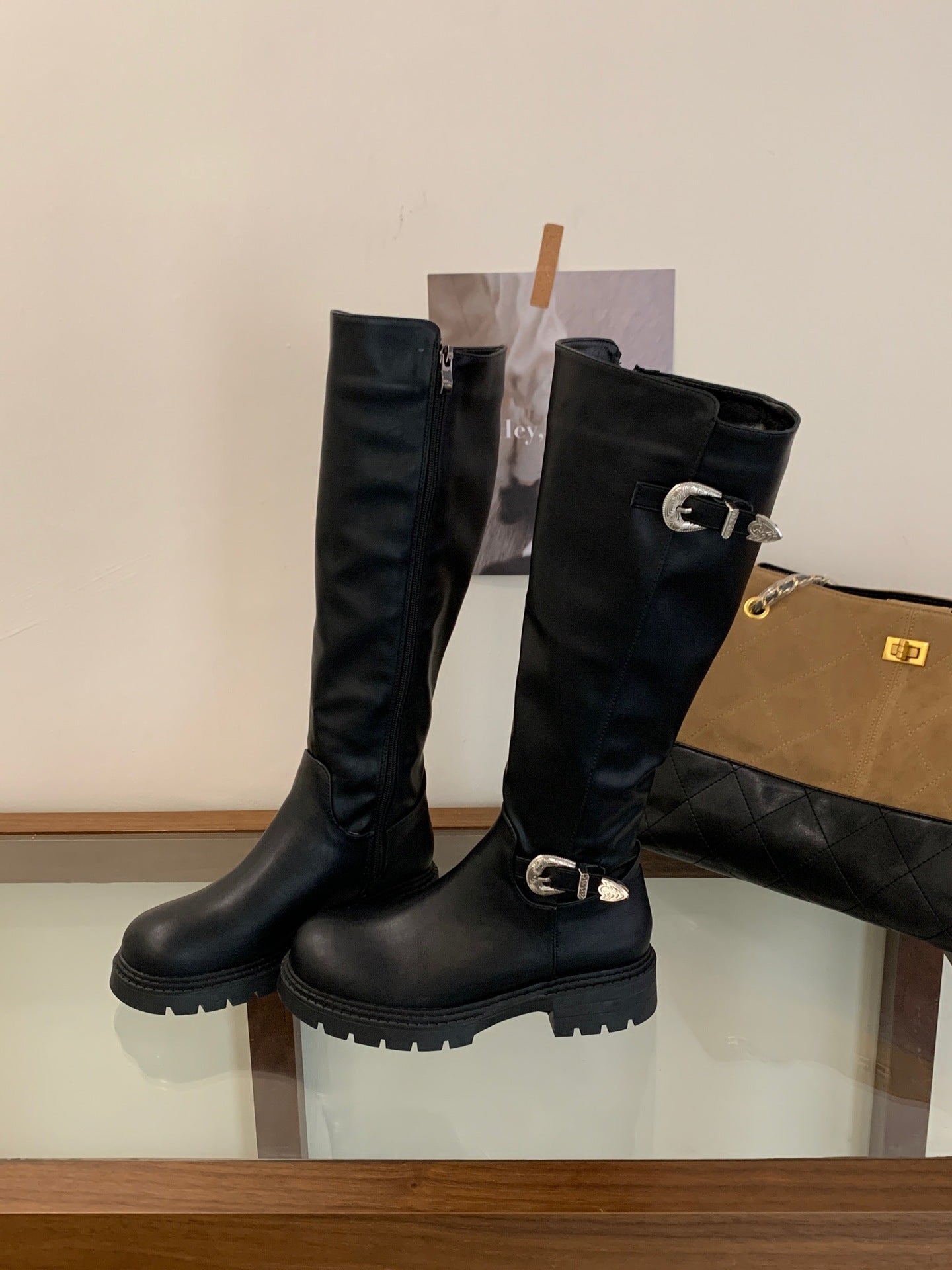 Vintage Women's Leather Belt Buckle Side-zip Fashion Boots