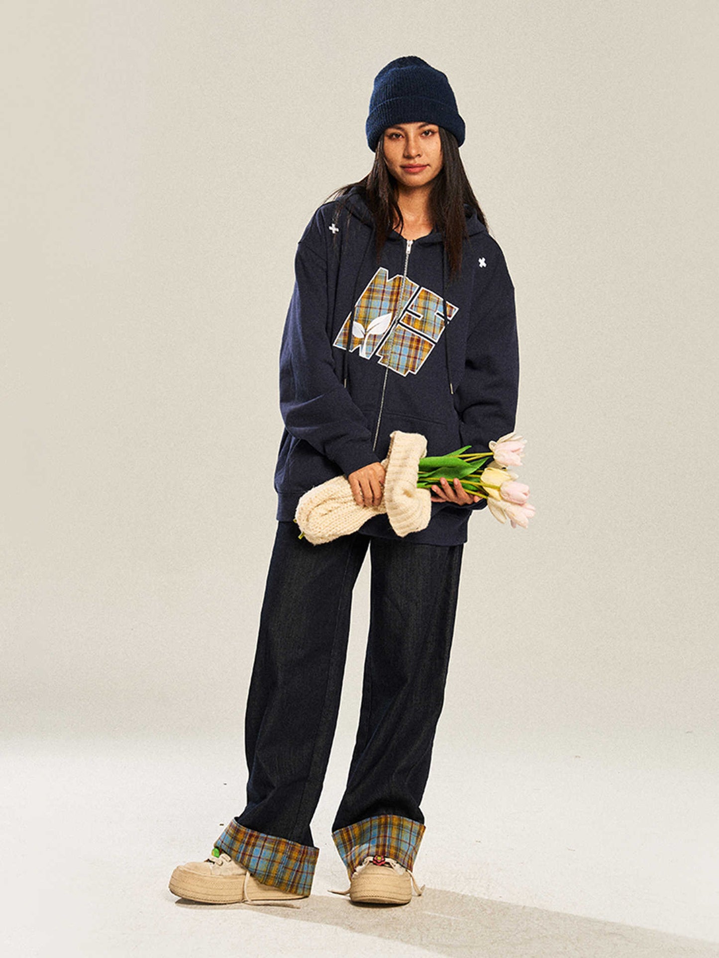 Retro Plaid Casual Straight-leg Wide Leg Jeans