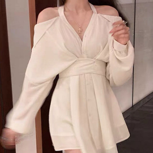 Off-the-shoulder Long Sleeve Dress Women's Early Autumn High-grade V-neck Shirt Dress Shorts