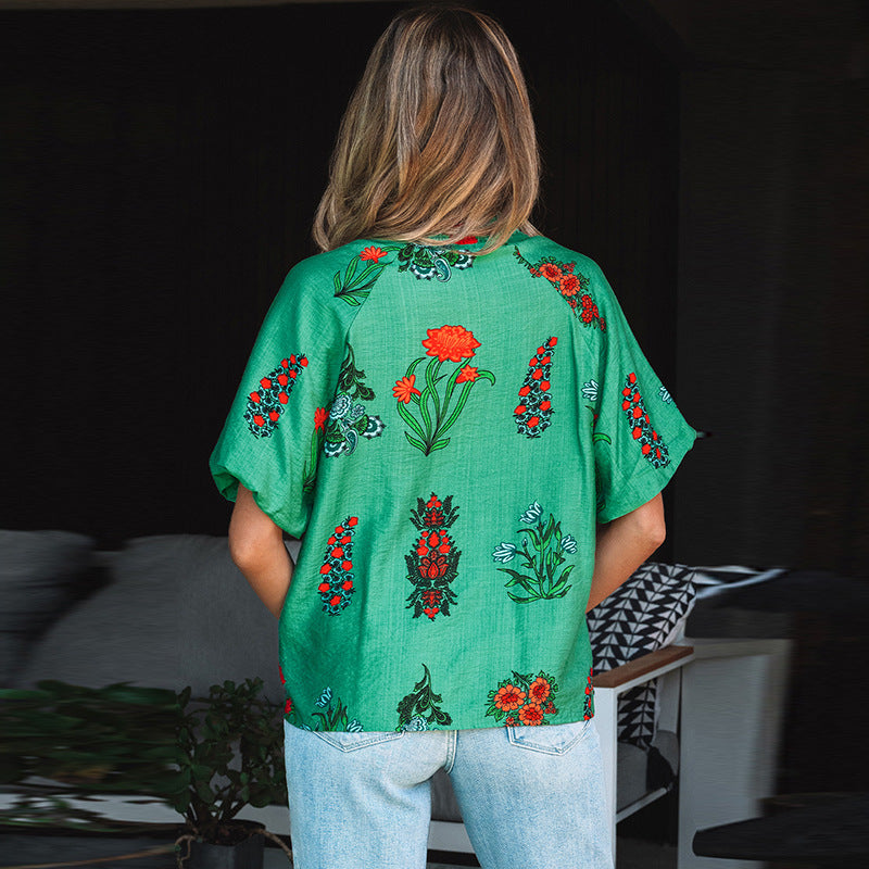 European And American Leisure Style Floral Print Loose Chiffon Shirt