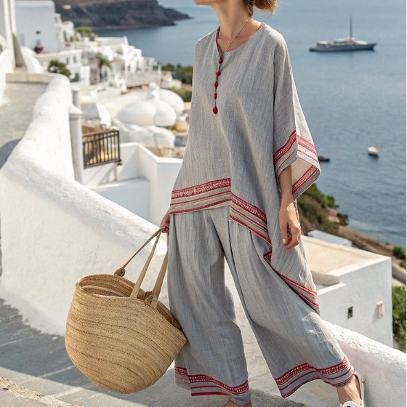 Womens Casual Printed Striped Colorblock Mid-Sleeve Crewneck Top And Pants Set
