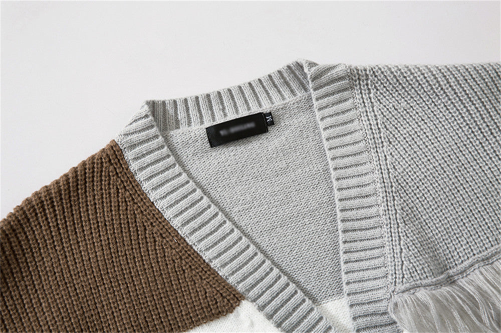 Contrast Color Tassel V-neck Knitted Cardigan Men's Coat