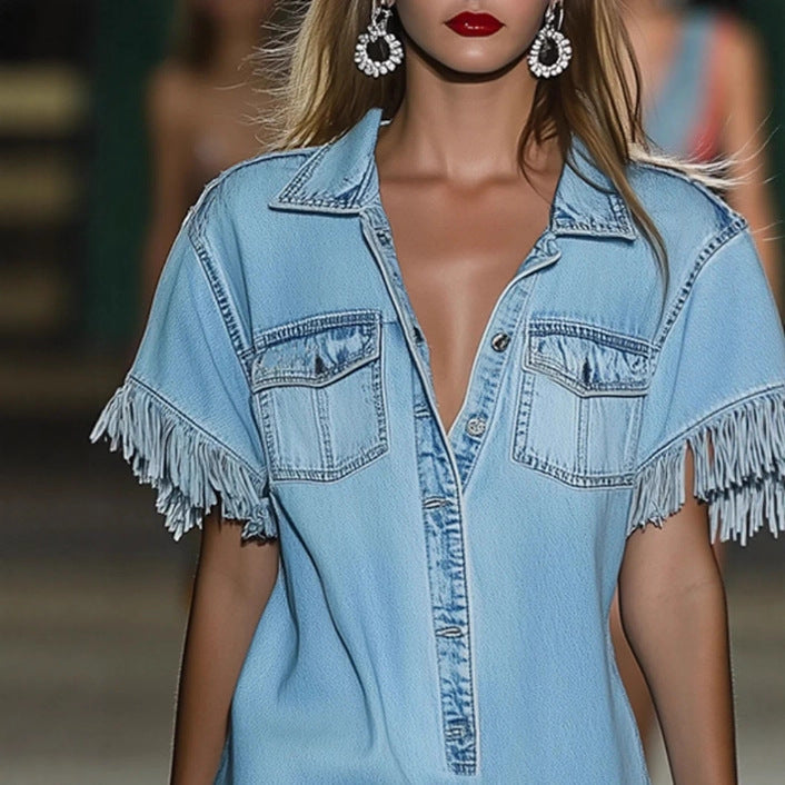 Casual Loose-fit Retro Denim Short-sleeve Shirt Tassel Dress